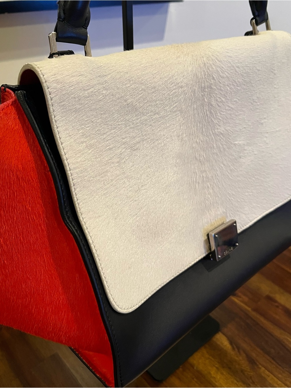 Celine Trapeze Pony HairTricolor Leather Satchel in Black, White & Red - Picture 7 of 12
